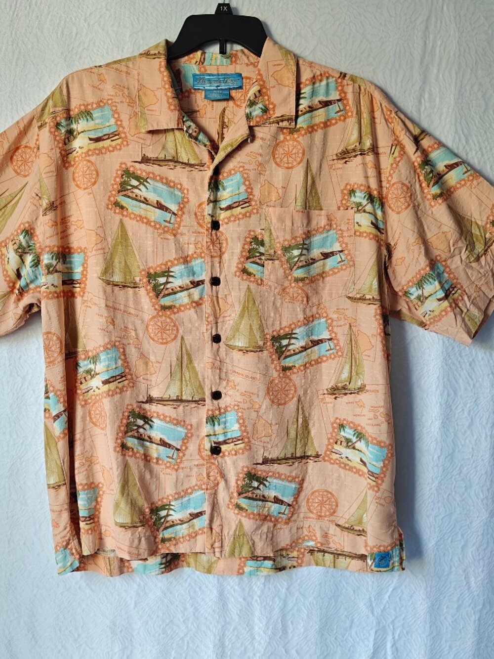 BERMUDA BAY Men’s 100% Silk Hawaiian Camp Shirt XL Sailboat Tropical Button Down